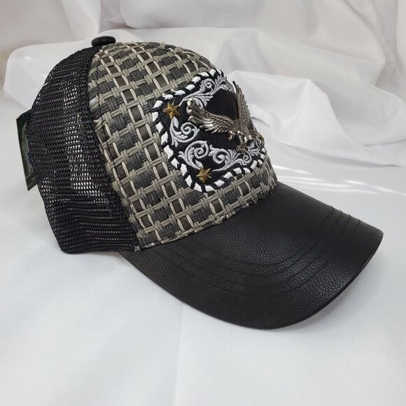 Eagle Embroidered Trucker Cap Woven Design & Mesh Back Gray/Black USA Headwear - Picture 6 of 6